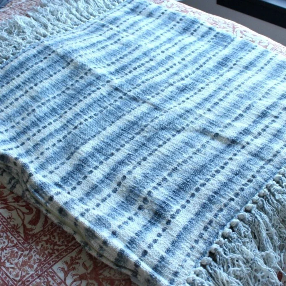 Set of 2 Zippered Fringe Pillow Shams Blue White Geometric Cotton Made in India